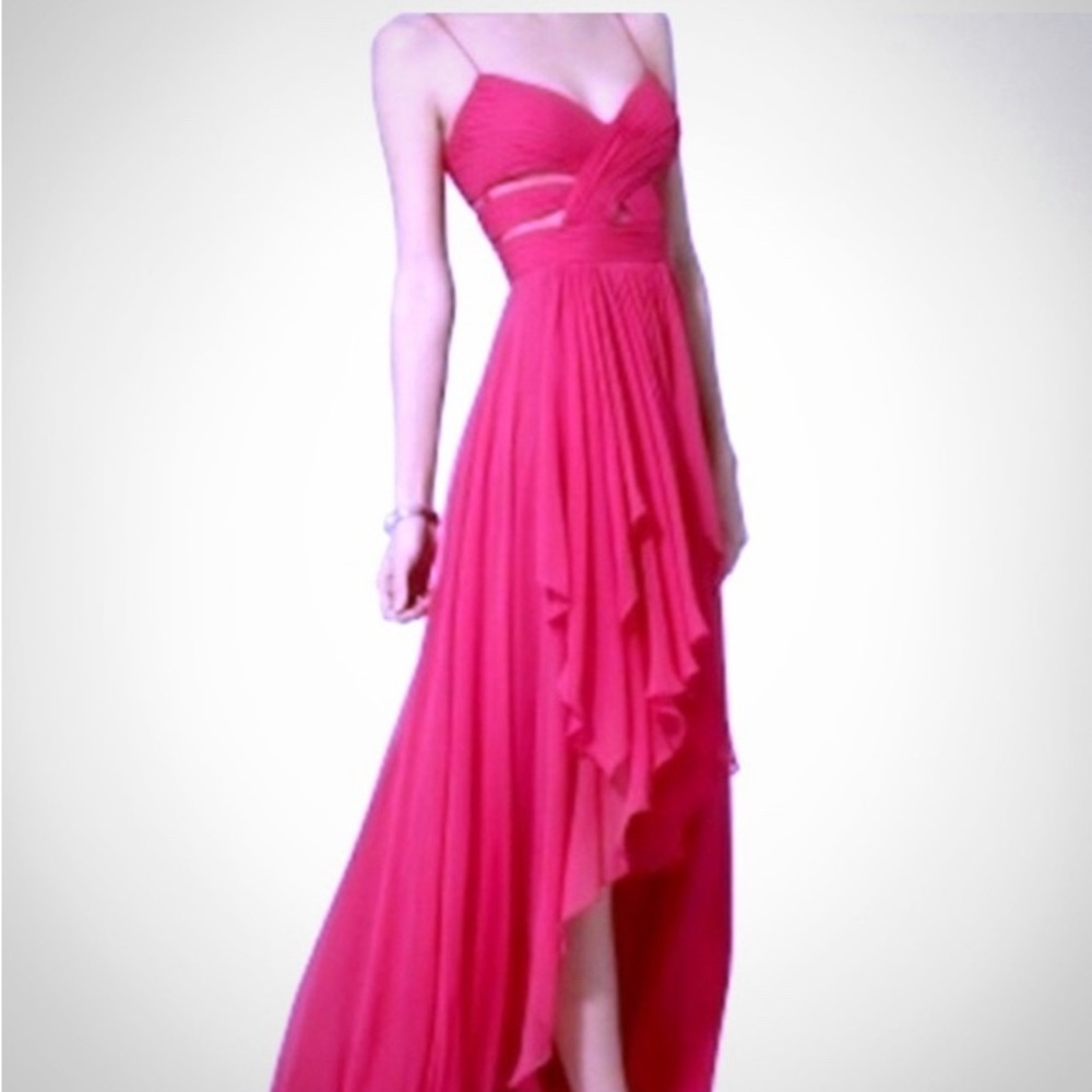 Cachê High-Low Pink Chiffon Gown Pleated Cutout with Spaghetti Straps 
Size 6
